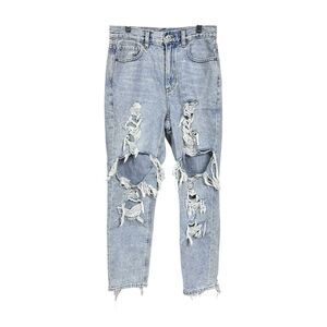 American Eagle Womens Sz 4 Reg Light Wash Mom Jeans Distressed Destroyed Grunge